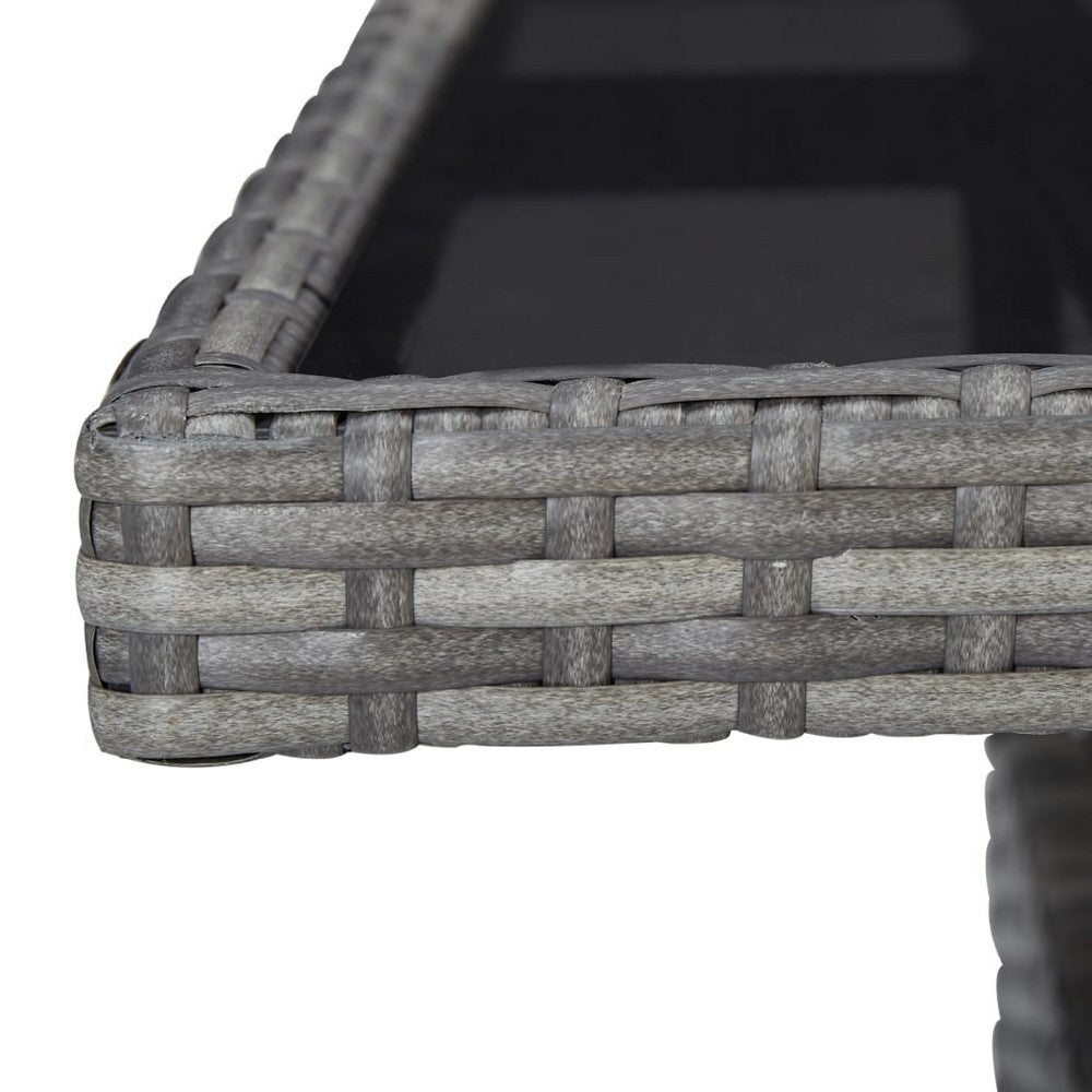 Biwo Outdoor Dining Table, Gray Wicker Rattan, 32 Inch Black Tempered Glass - BM340446