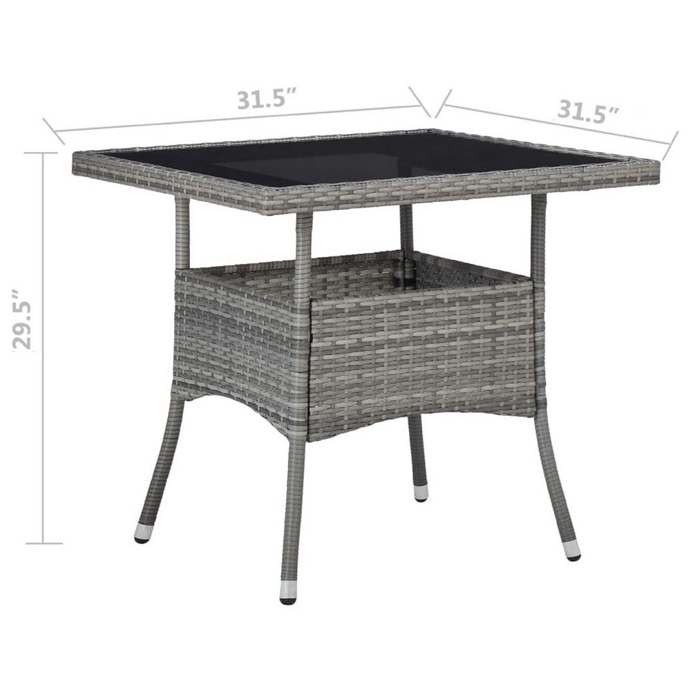 Biwo Outdoor Dining Table, Gray Wicker Rattan, 32 Inch Black Tempered Glass - BM340446