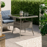 Biwo Outdoor Dining Table, Gray Wicker Rattan, 32 Inch Black Tempered Glass - BM340446