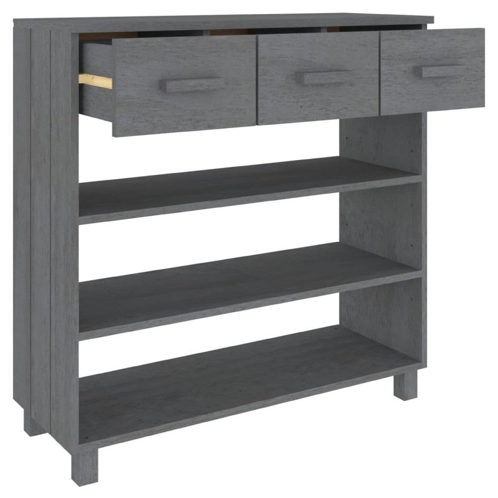 Boir Sofa Console Table, 3 Shelves and 3 Drawers, 35 Inch, Gray Pine Wood - BM340465