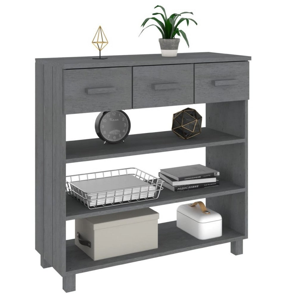 Boir Sofa Console Table, 3 Shelves and 3 Drawers, 35 Inch, Gray Pine Wood - BM340465
