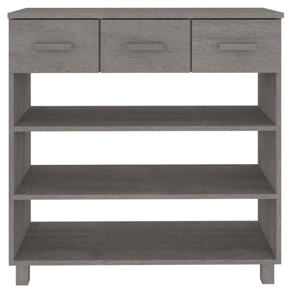 Boir Sofa Console Table, 3 Shelves, 3 Drawers, 35 Inch, Light Gray Wood - BM340466