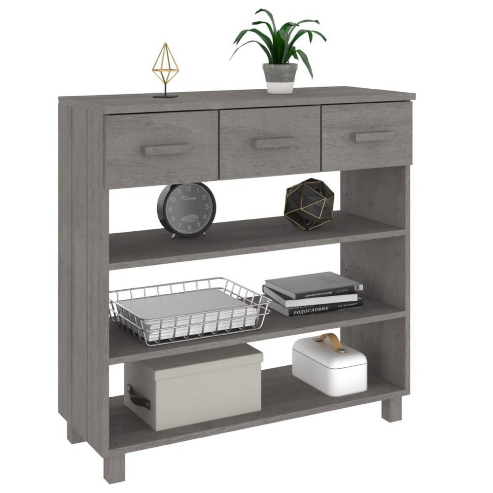 Boir Sofa Console Table, 3 Shelves, 3 Drawers, 35 Inch, Light Gray Wood - BM340466