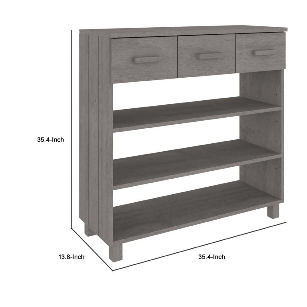 Boir Sofa Console Table, 3 Shelves, 3 Drawers, 35 Inch, Light Gray Wood - BM340466