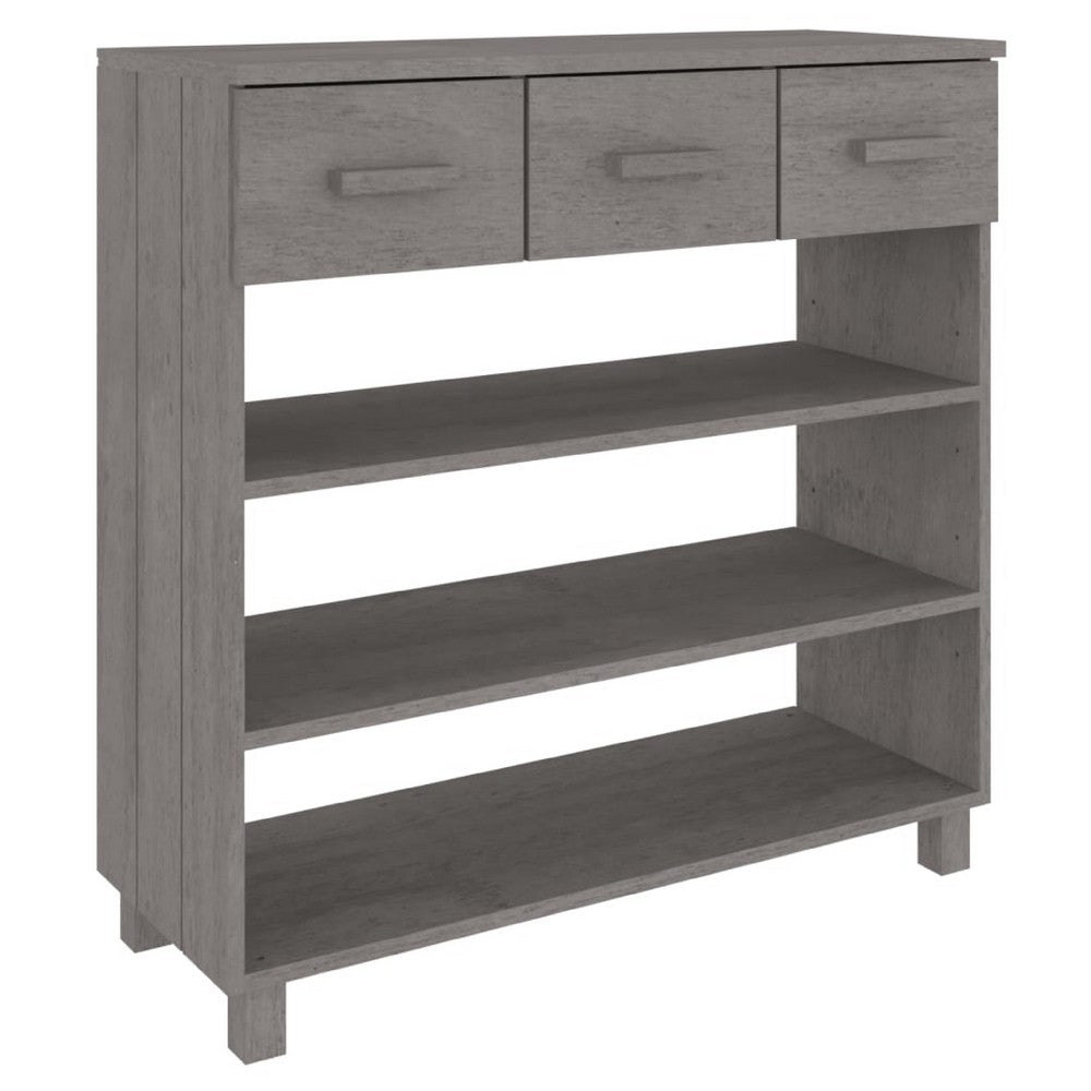 Boir Sofa Console Table, 3 Shelves, 3 Drawers, 35 Inch, Light Gray Wood - BM340466