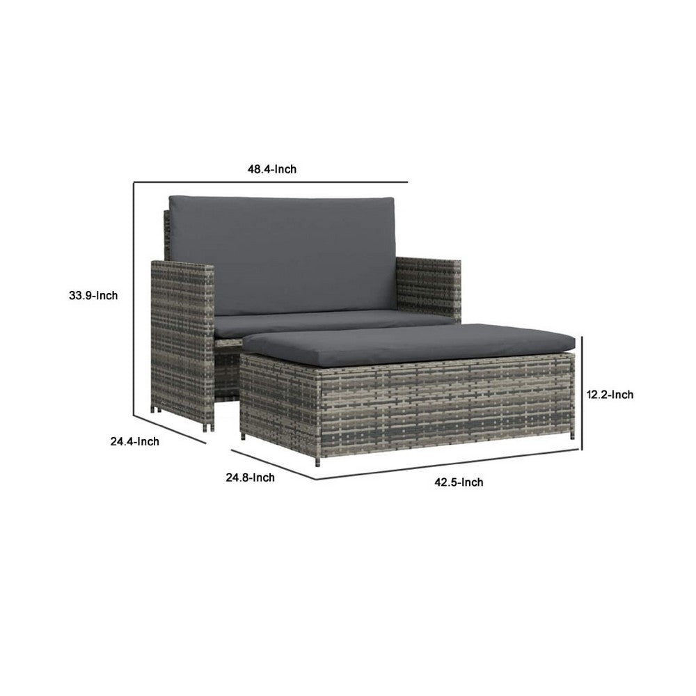 Feya 2pc Outdoor Sofa and Ottoman Set, Gray Poly Rattan and Cushions, Steel - BM340467