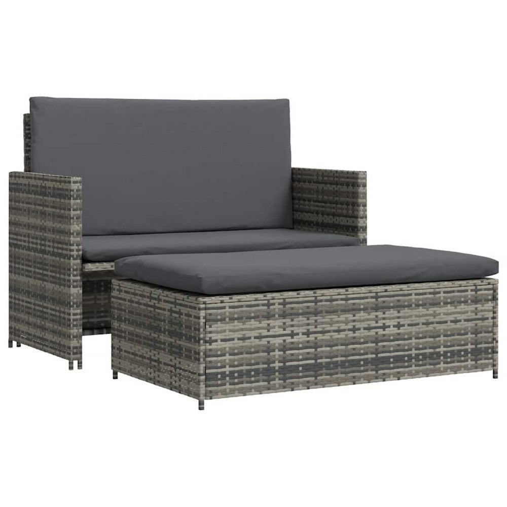 Feya 2pc Outdoor Sofa and Ottoman Set, Gray Poly Rattan and Cushions, Steel - BM340467
