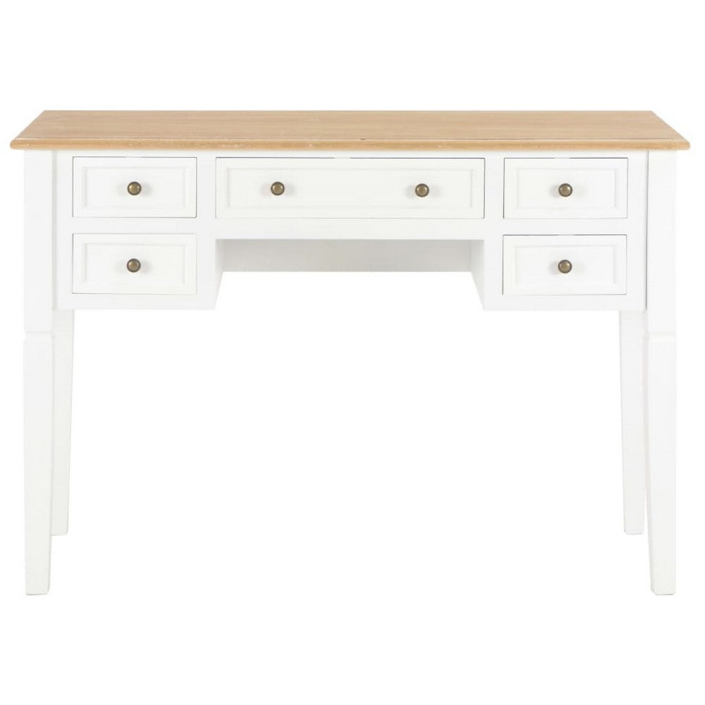 Ryann Writing Desk, 5 Drawers, White and Brown Pine Wood, 43 Inch - BM340468