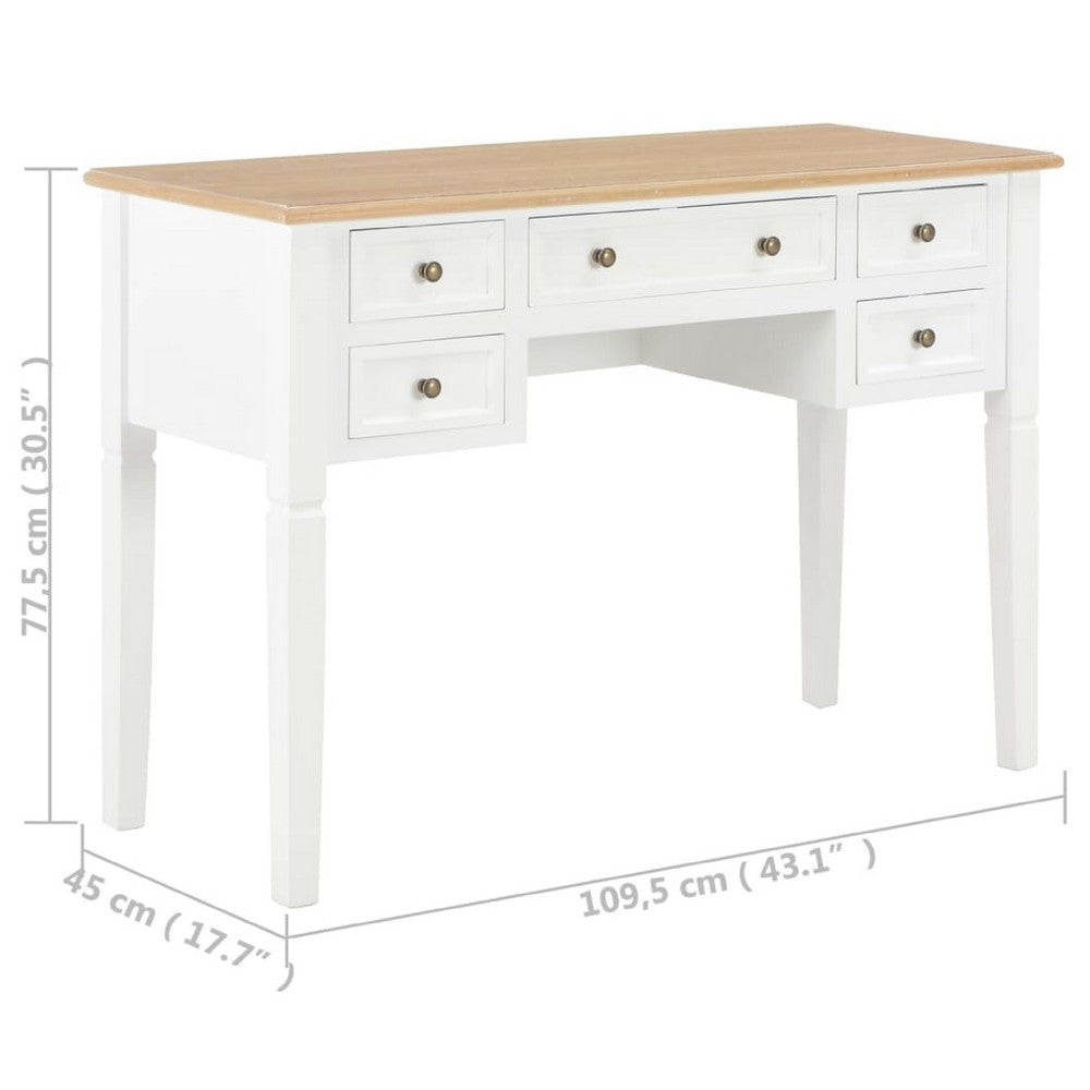 Ryann Writing Desk, 5 Drawers, White and Brown Pine Wood, 43 Inch - BM340468