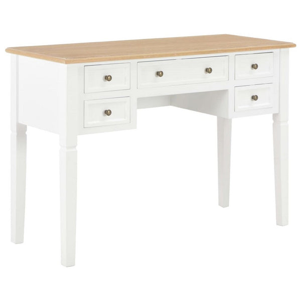 Ryann Writing Desk, 5 Drawers, White and Brown Pine Wood, 43 Inch - BM340468