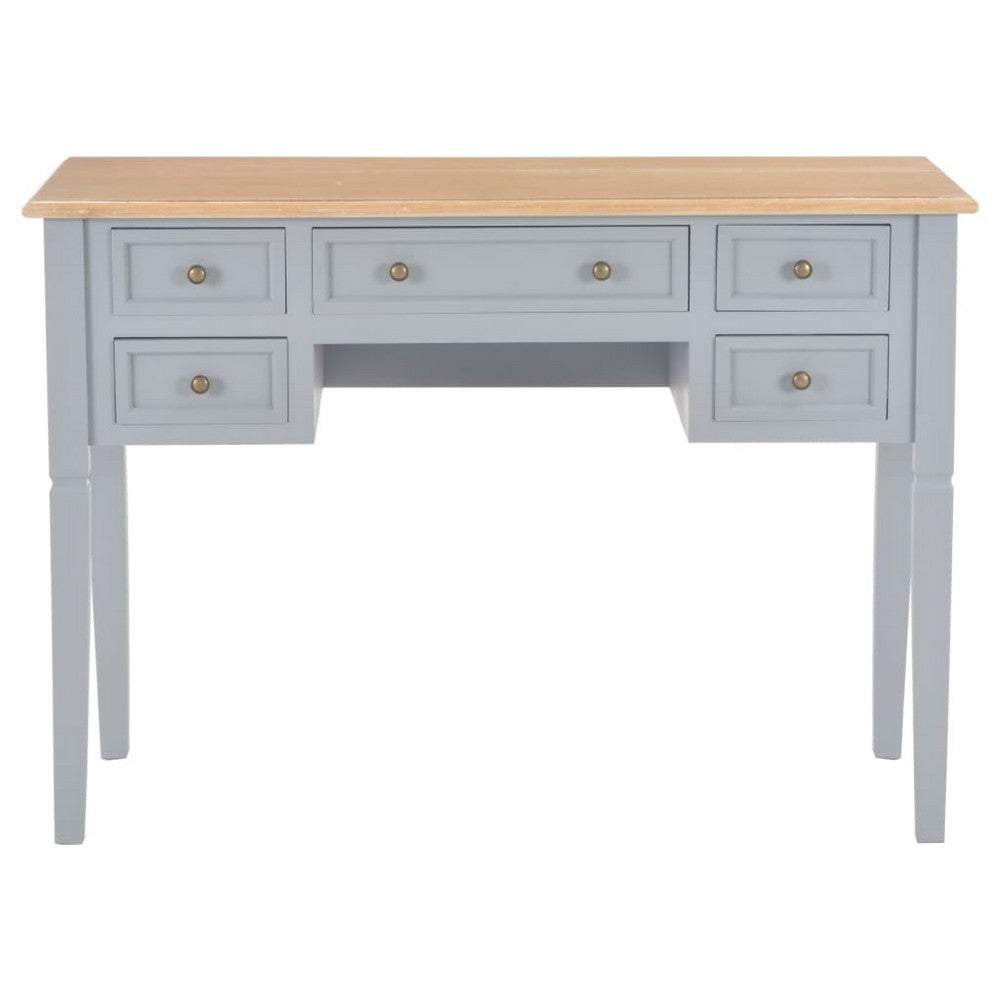 Ryann Writing Desk, 5 Drawers, Gray and Brown Pine Wood, 43 Inch - BM340469