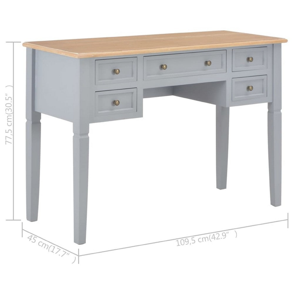Ryann Writing Desk, 5 Drawers, Gray and Brown Pine Wood, 43 Inch - BM340469