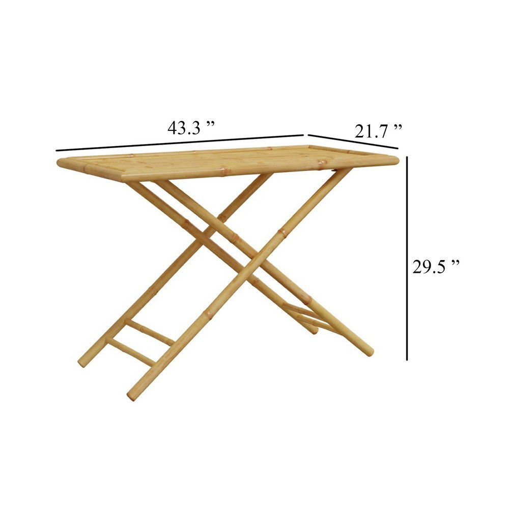Foldable Outdoor Garden Table, Natural Brown Bamboo Crossed Legs, 43 Inch - BM340471