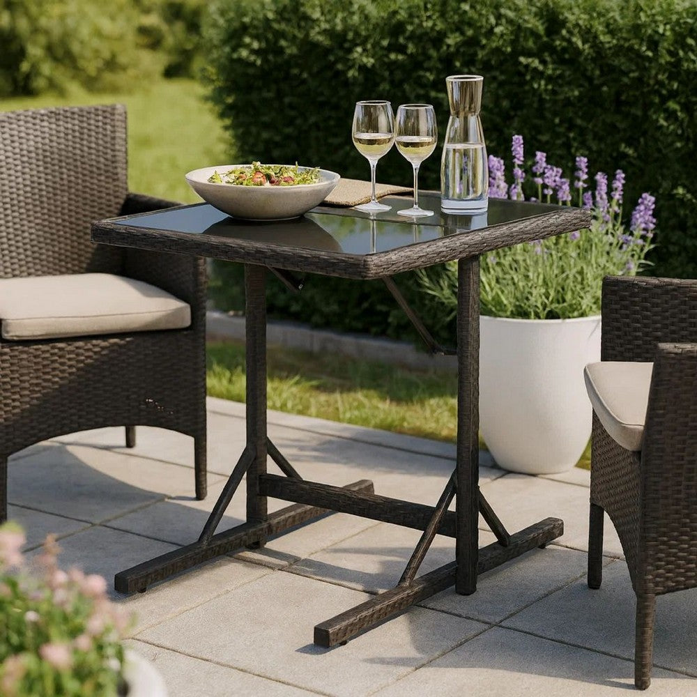 Multipurpose Outdoor Table, Black Poly Rattan, Steel, 43 Inch Glass Top - BM340474