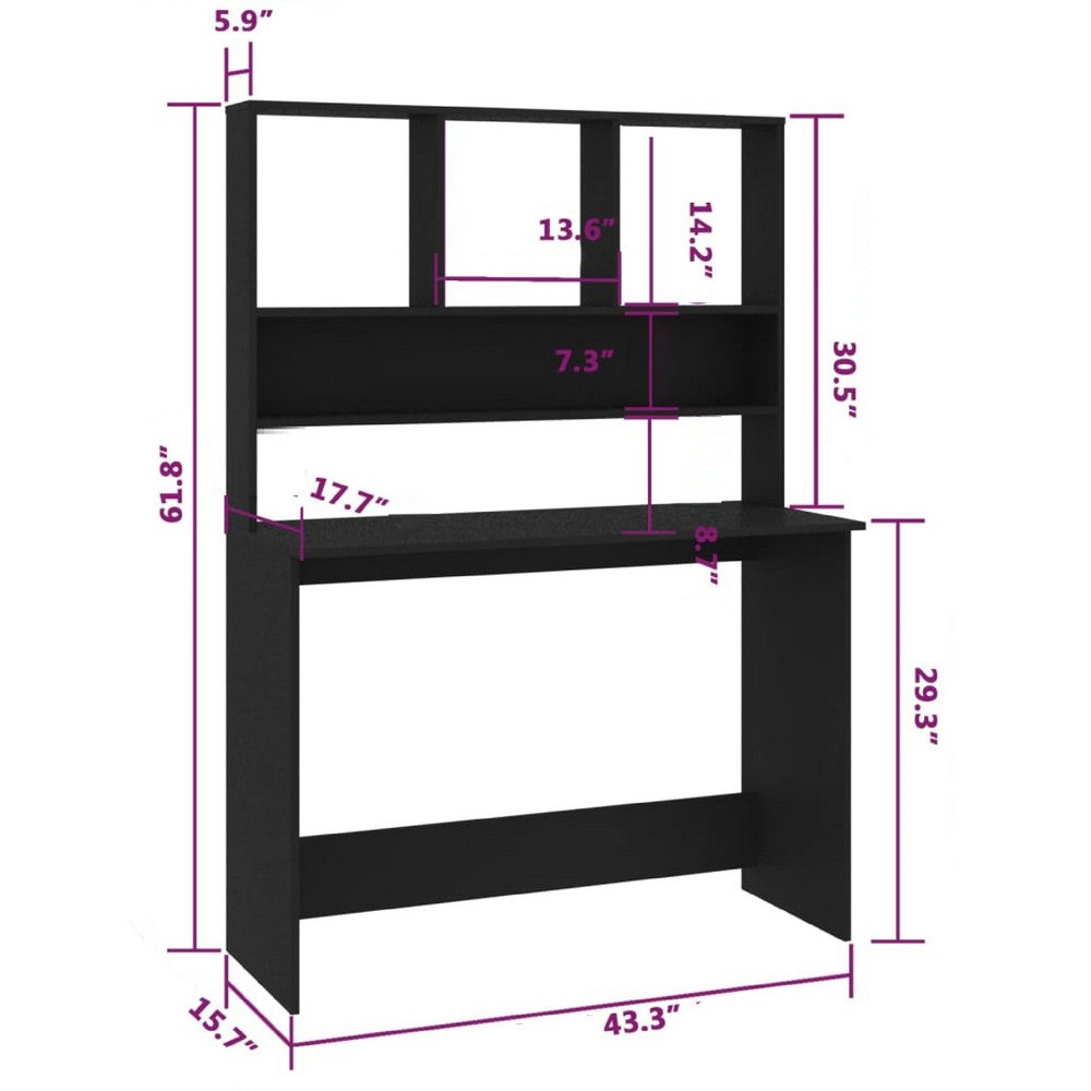 Kira Work Desk with Hutch, 4 Shelves, Black Engineered Wood, 43 Inch - BM340476