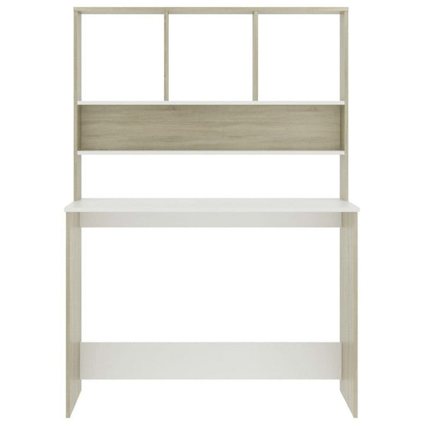 Kira Work Desk with Hutch, 4 Shelves, White Sonoma Wood, 43 Inch - BM340478