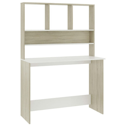 Kira Work Desk with Hutch, 4 Shelves, White Sonoma Wood, 43 Inch - BM340478
