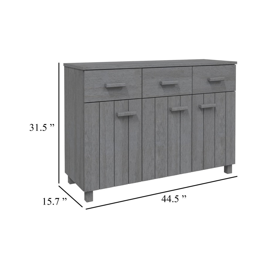 Sideboard, 3 Drawers, 3 Cabinets, Dark Gray Solid Pine Wood, 45 Inch - BM340480