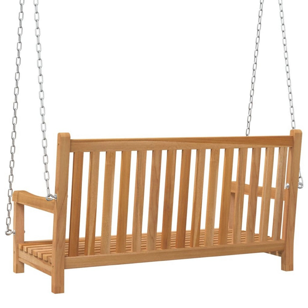 Outdoor Swing Bench, Natural Brown Solid Teak Wood, Metal, 45 Inch - BM340481