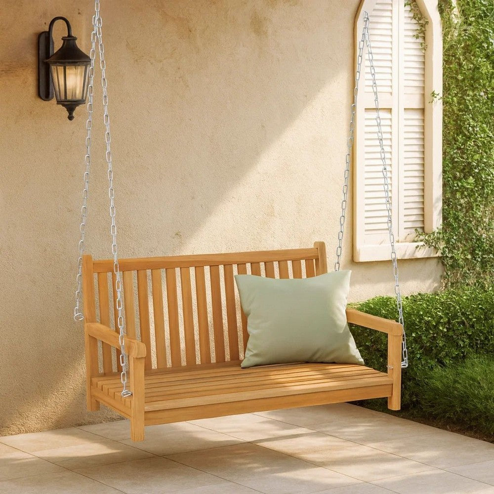 Outdoor Swing Bench, Natural Brown Solid Teak Wood, Metal, 45 Inch - BM340481
