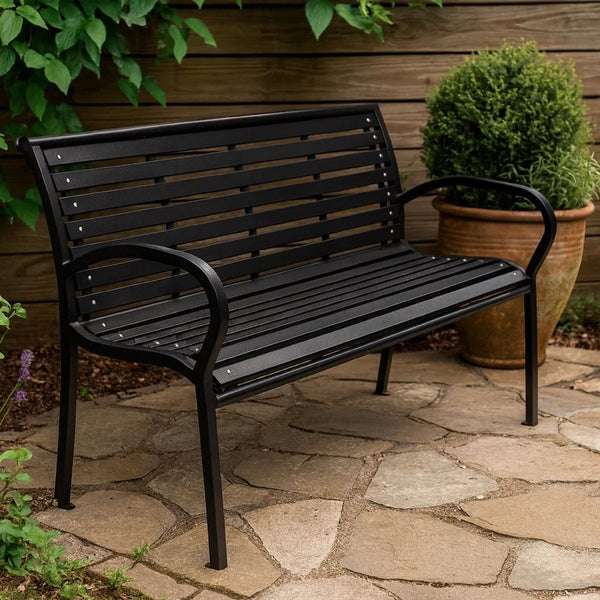 Outdoor Bench, Black Steel, WPC UV and Weather Resistant, 46 Inch - BM340484