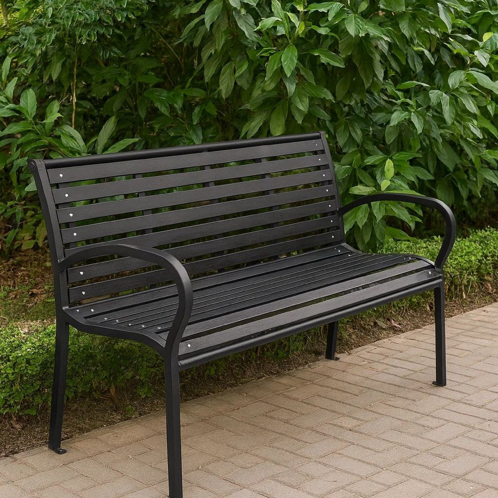 Outdoor Bench, Black Steel, WPC UV and Weather Resistant, 46 Inch - BM340484