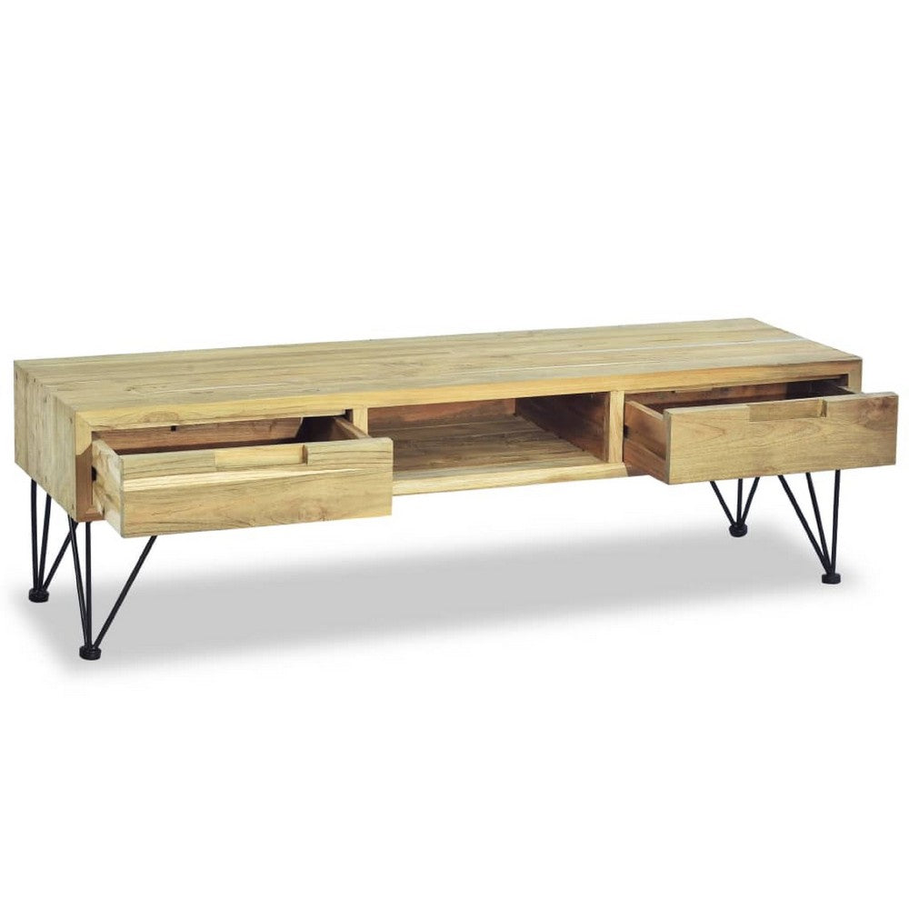 TV Stand Media Cabinet, Natural Teak Wood and Wrought Iron, 47 Inch - BM340485