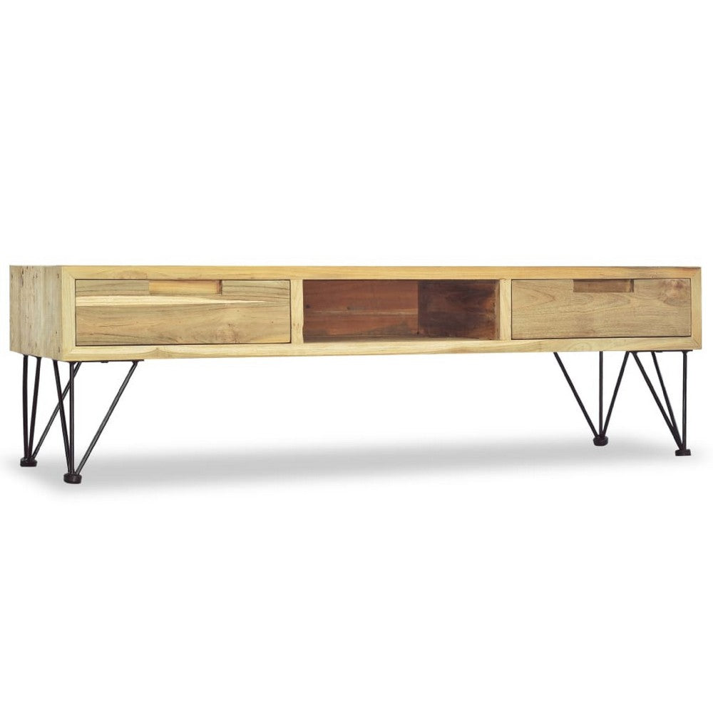 TV Stand Media Cabinet, Natural Teak Wood and Wrought Iron, 47 Inch - BM340485