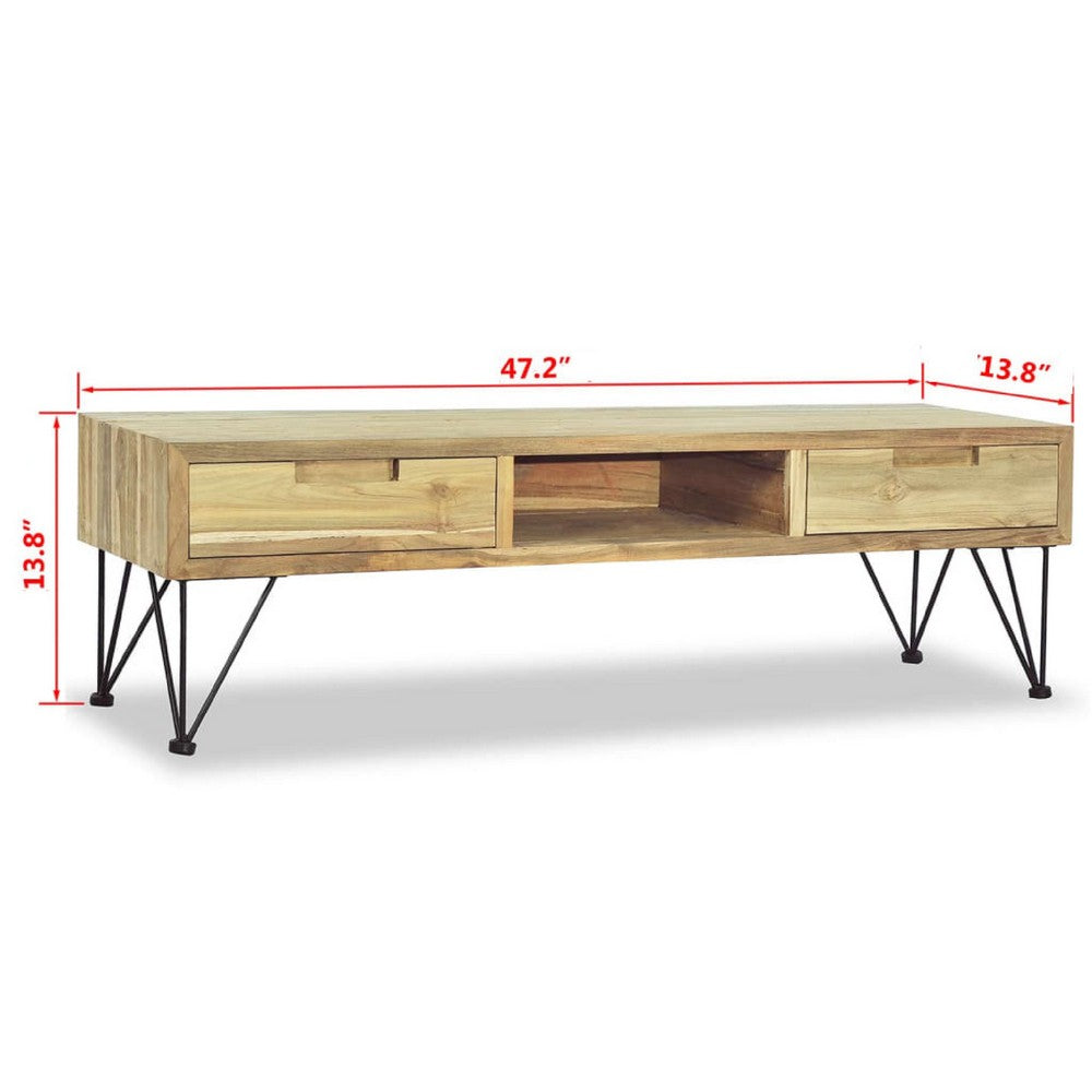 TV Stand Media Cabinet, Natural Teak Wood and Wrought Iron, 47 Inch - BM340485