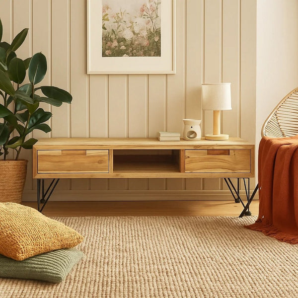 TV Stand Media Cabinet, Natural Teak Wood and Wrought Iron, 47 Inch - BM340485