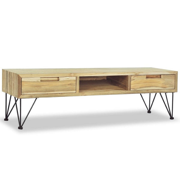 TV Stand Media Cabinet, Natural Teak Wood and Wrought Iron, 47 Inch - BM340485