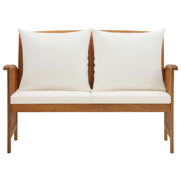 Outdoor Bench, Cream Fabric, Brown Solid Acacia Wood, 47 Inch - BM340486