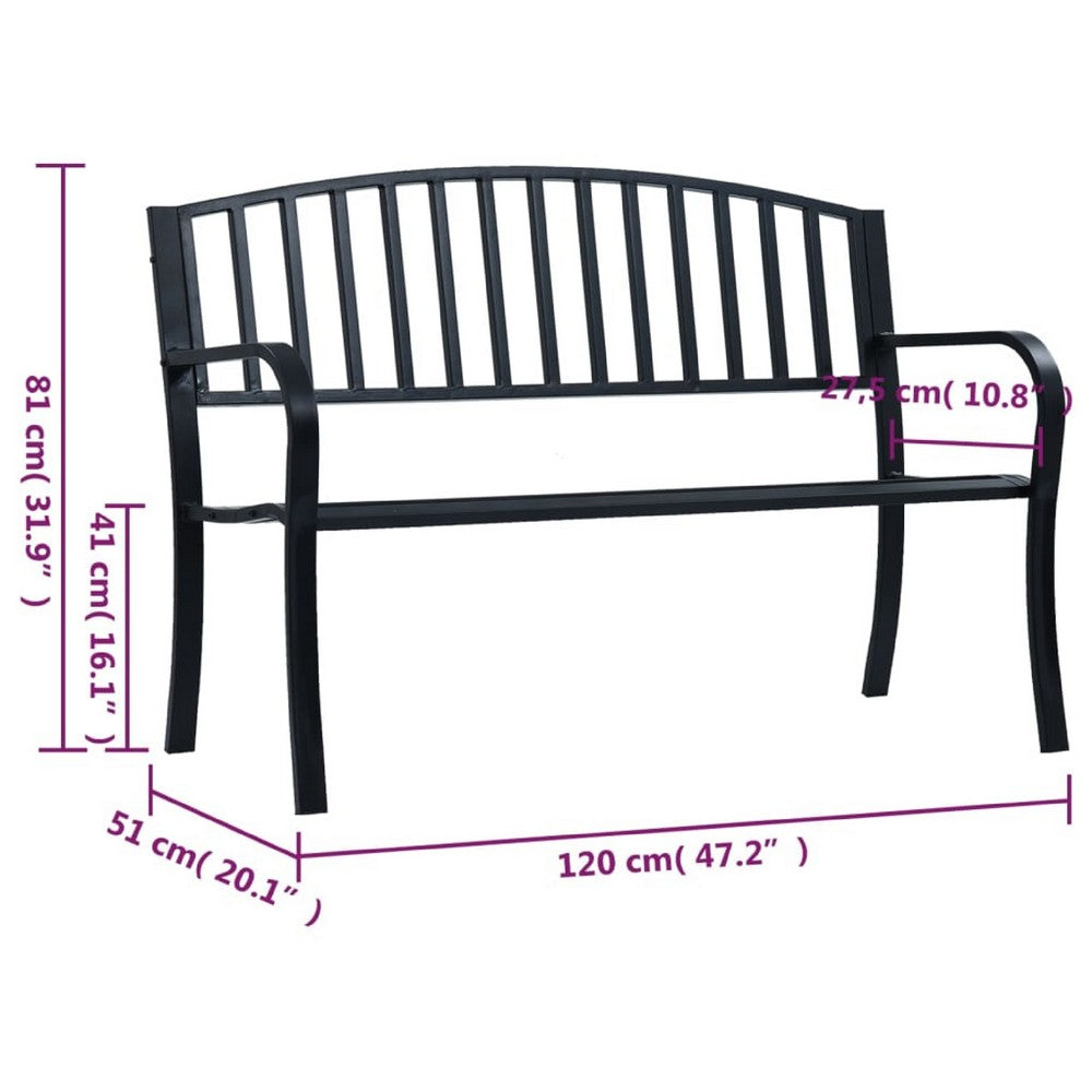 Outdoor Bench, Black Powder-Coated Steel, Curved Backrest, 47 Inch - BM340490