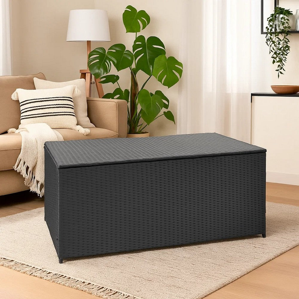 Outdoor Poolside Storage Chest, Black Poly Rattan, Gas Lift Lid, 47 Inch - BM340497