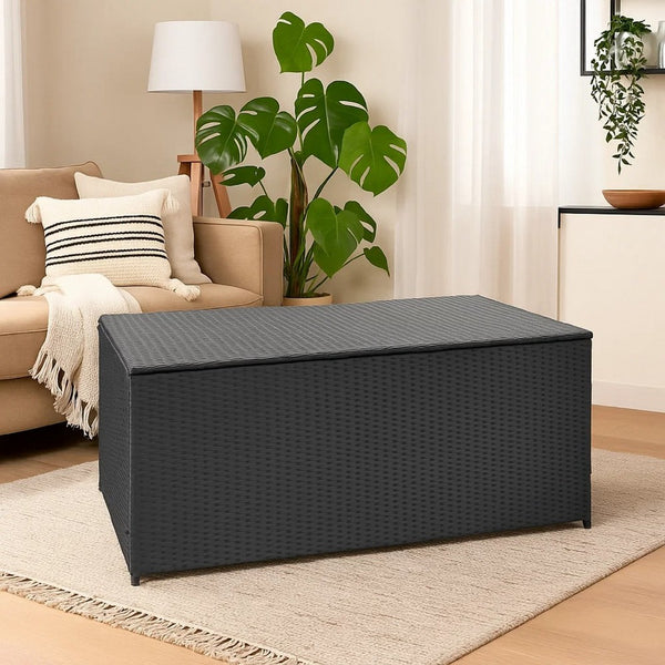 Outdoor Poolside Storage Chest, Black Poly Rattan, Gas Lift Lid, 47 Inch - BM340497