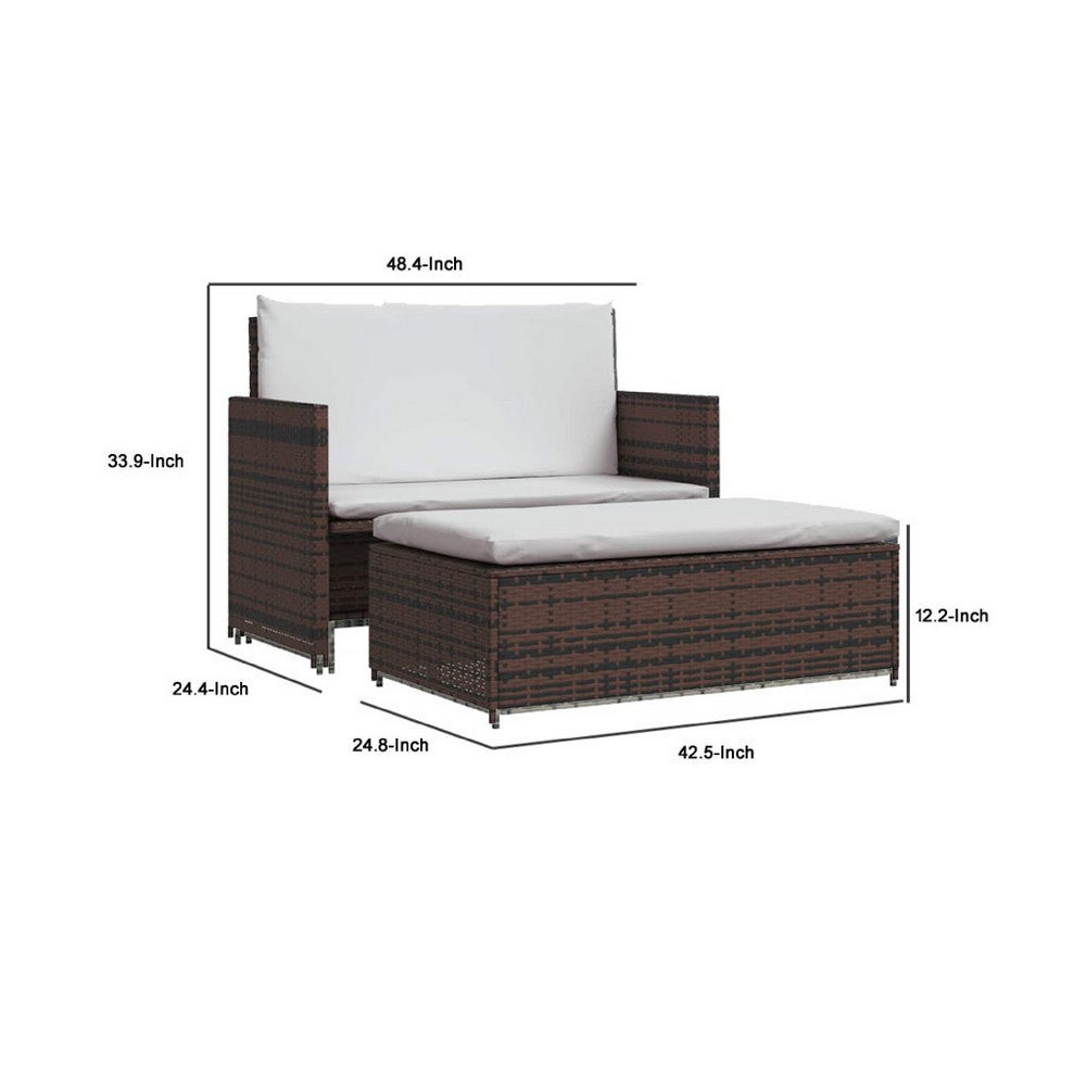 Feya 2pc Outdoor Sofa and Ottoman Set, Brown Poly Rattan, White Cushions, Steel - BM340499