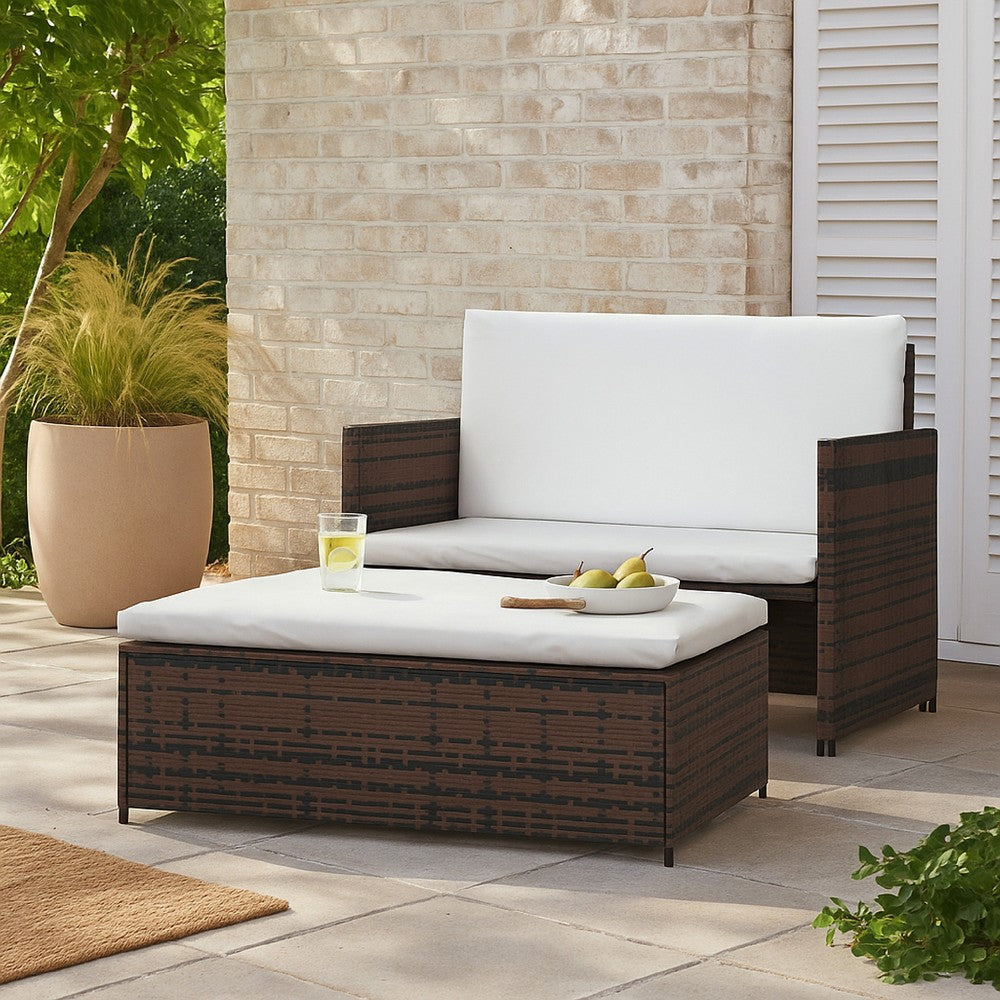 Feya 2pc Outdoor Sofa and Ottoman Set, Brown Poly Rattan, White Cushions, Steel - BM340499