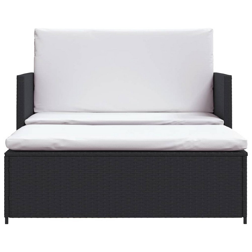 Feya 2pc Outdoor Sofa and Ottoman Set, Black Poly Rattan, White Cushions, Steel - BM340500