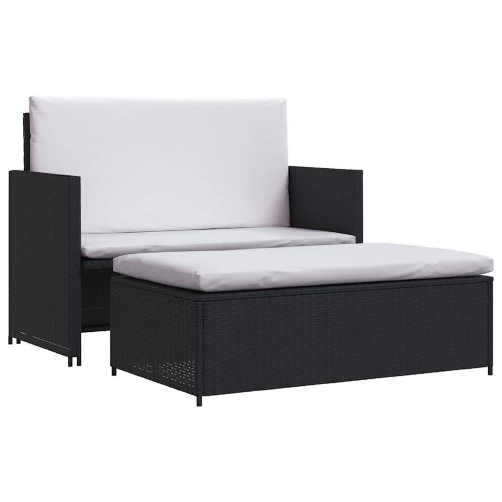 Feya 2pc Outdoor Sofa and Ottoman Set, Black Poly Rattan, White Cushions, Steel - BM340500