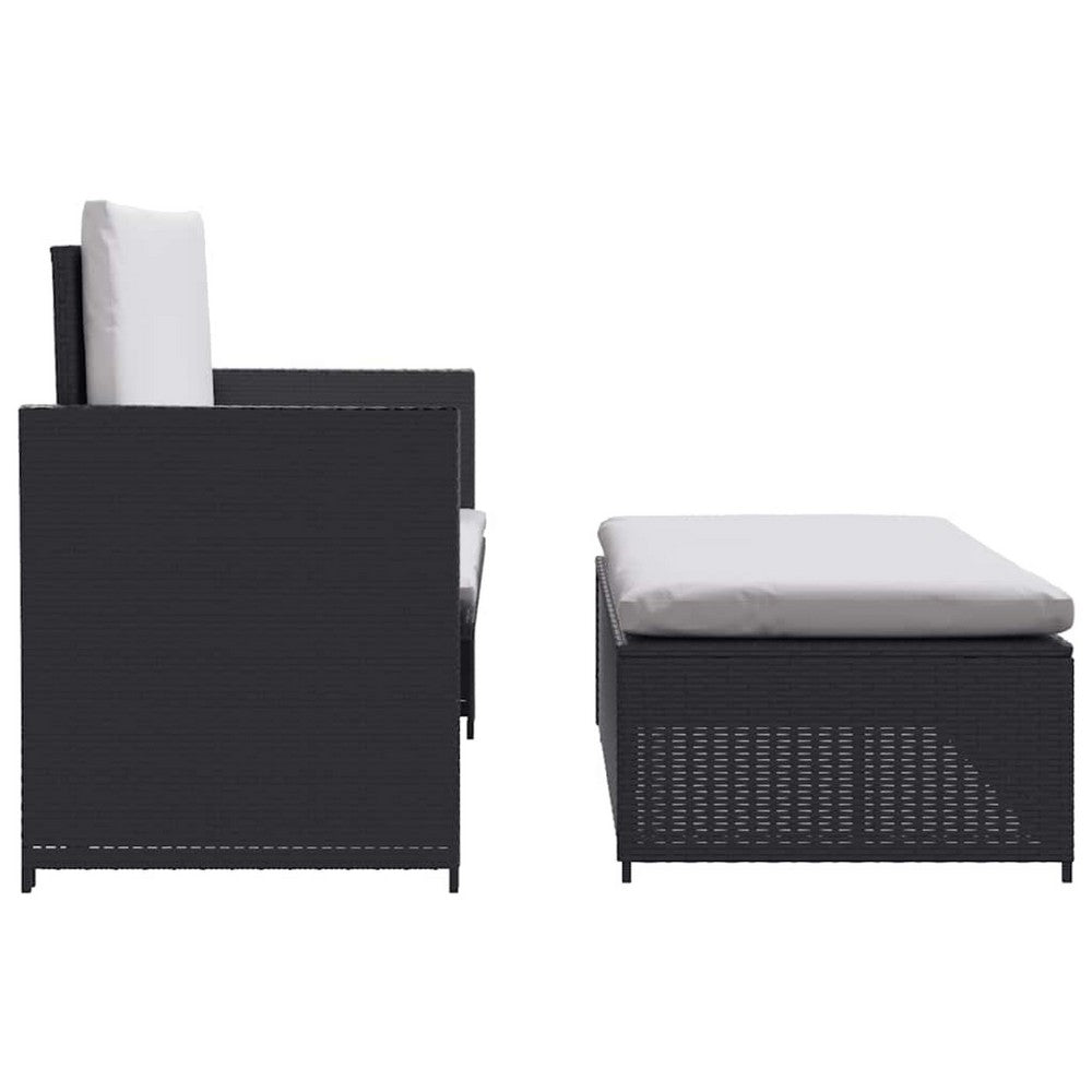 Feya 2pc Outdoor Sofa and Ottoman Set, Black Poly Rattan, White Cushions, Steel - BM340500