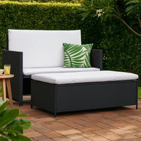 Feya 2pc Outdoor Sofa and Ottoman Set, Black Poly Rattan, White Cushions, Steel - BM340500