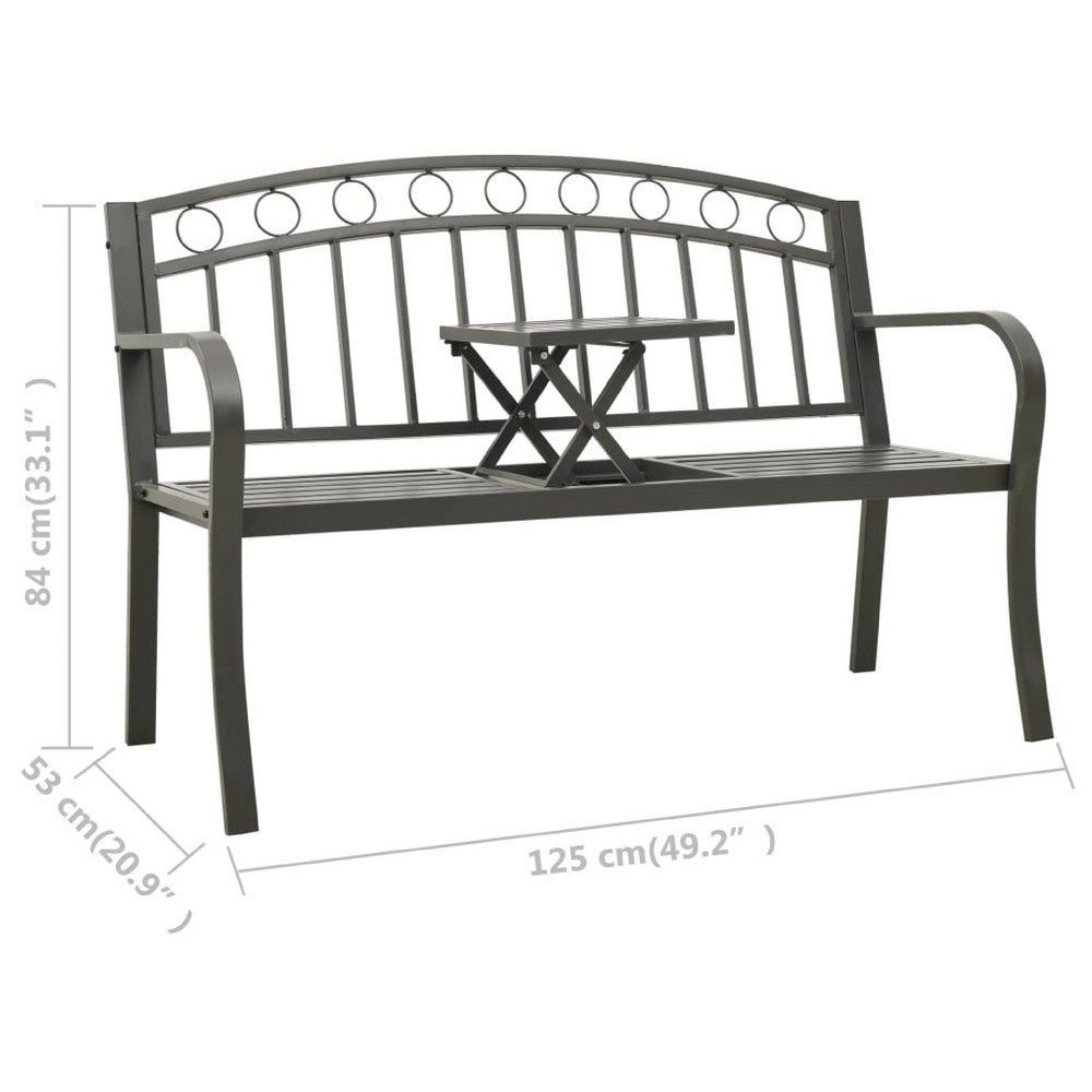 Garden Bench, Gray Powder-Coated Steel, Central Table, 49 Inch - BM340503