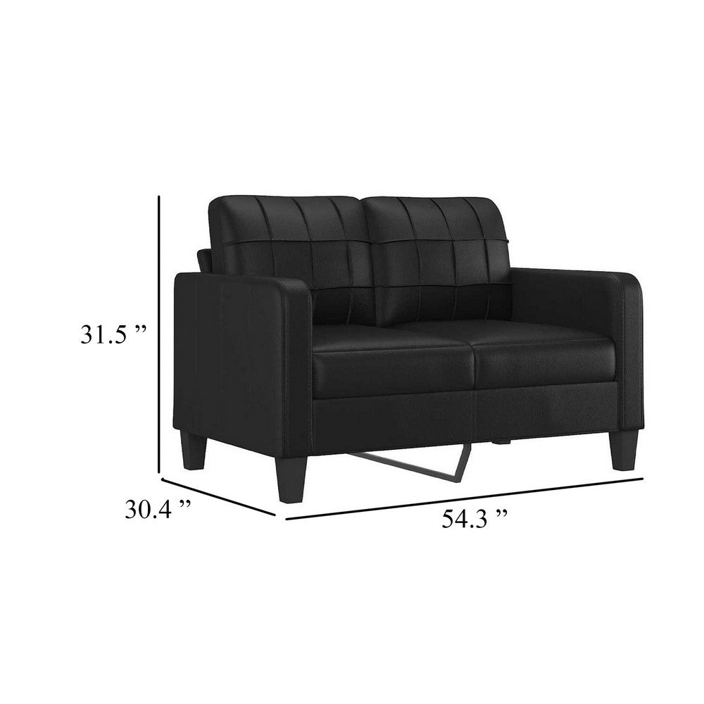 Otis 2 Seater Sofa, Tufted Plush Black Faux Leather Cushions, 54 Inch - BM340509