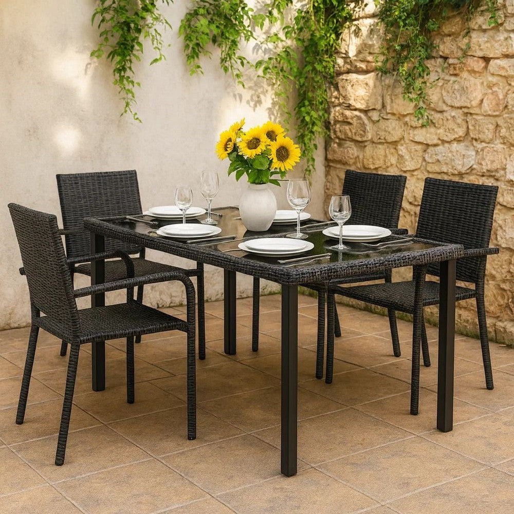 Garden Outdoor Dining Table, Gray Poly Rattan, Metal, 55 Inch Glass Top - BM340512