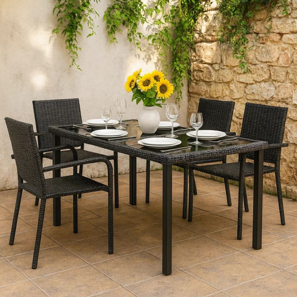 Garden Outdoor Dining Table, Gray Poly Rattan, Metal, 55 Inch Glass Top - BM340512