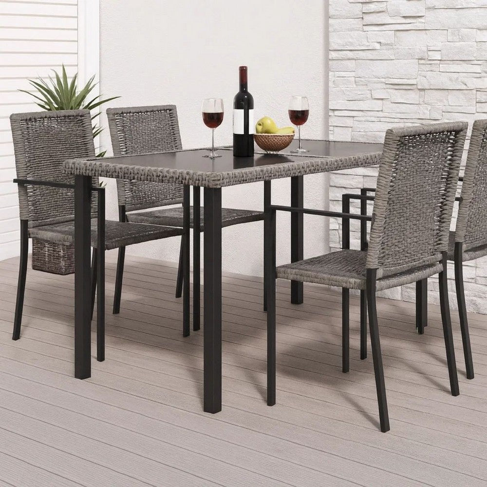 Garden Outdoor Dining Table, Gray Poly Rattan, Metal, 55 Inch Glass Top - BM340512