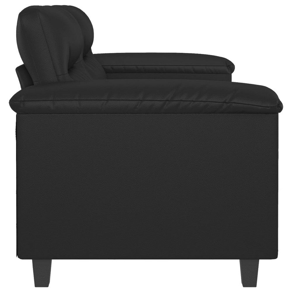 2 Seater Sofa, Black Faux Leather, Tufted Cushions, Steel, 59 Inch - BM340516