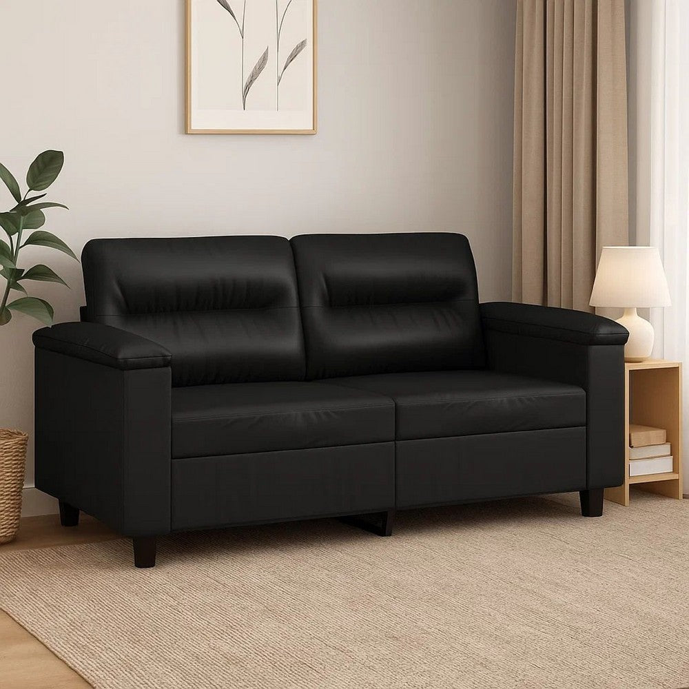2 Seater Sofa, Black Faux Leather, Tufted Cushions, Steel, 59 Inch - BM340516