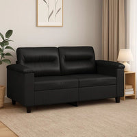 2 Seater Sofa, Black Faux Leather, Tufted Cushions, Steel, 59 Inch - BM340516