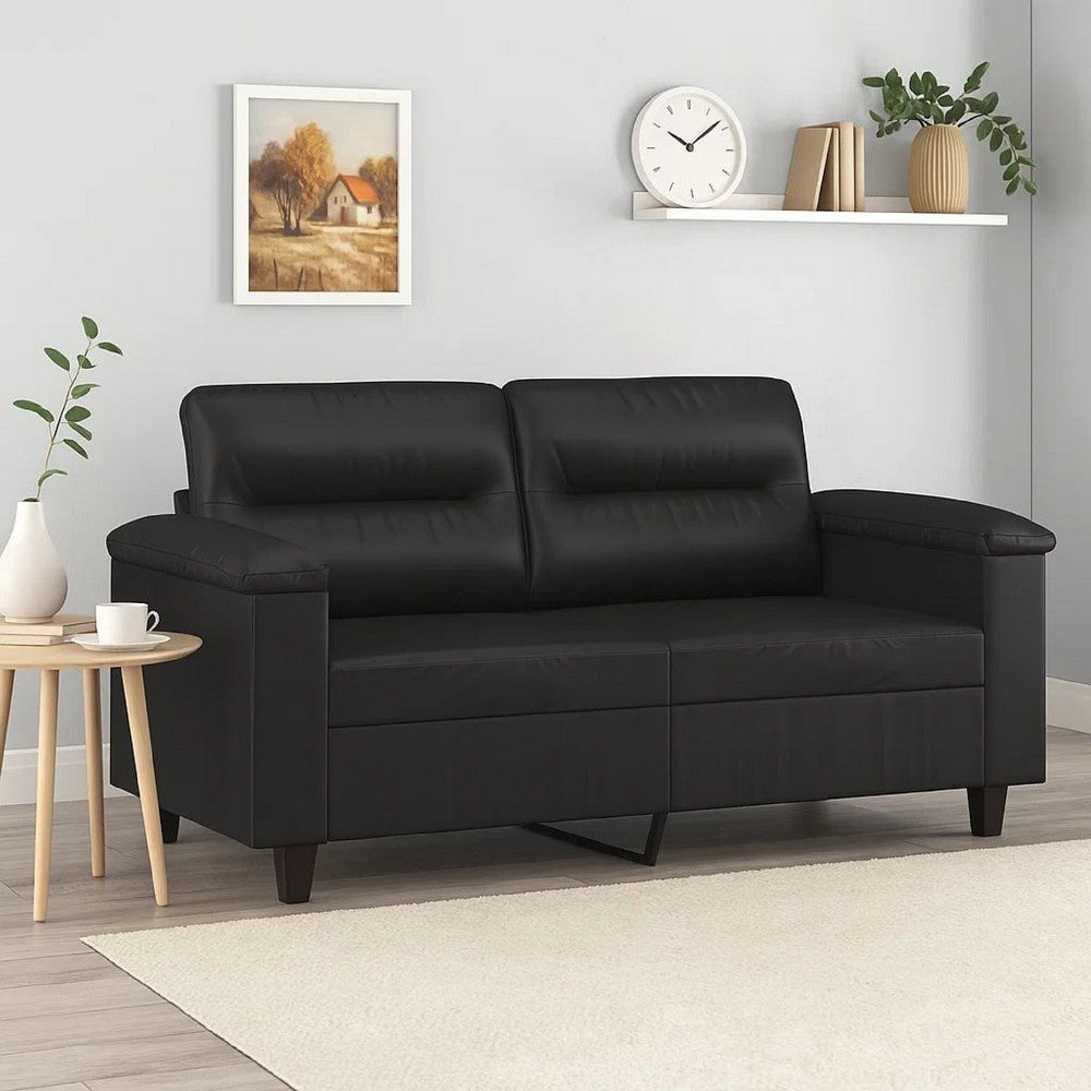 2 Seater Sofa, Black Faux Leather, Tufted Cushions, Steel, 59 Inch - BM340516